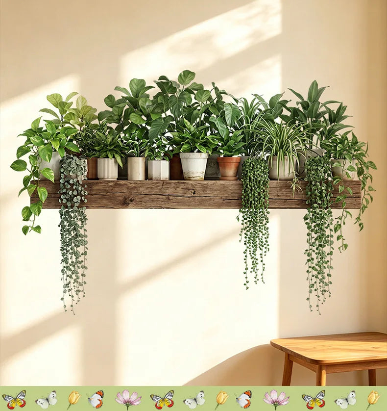Green Plant Decor Courtyard Wall Decals Green Dill Leaves Hanging Basket Wall Stickers Bedroom Living Room Wall Beautification