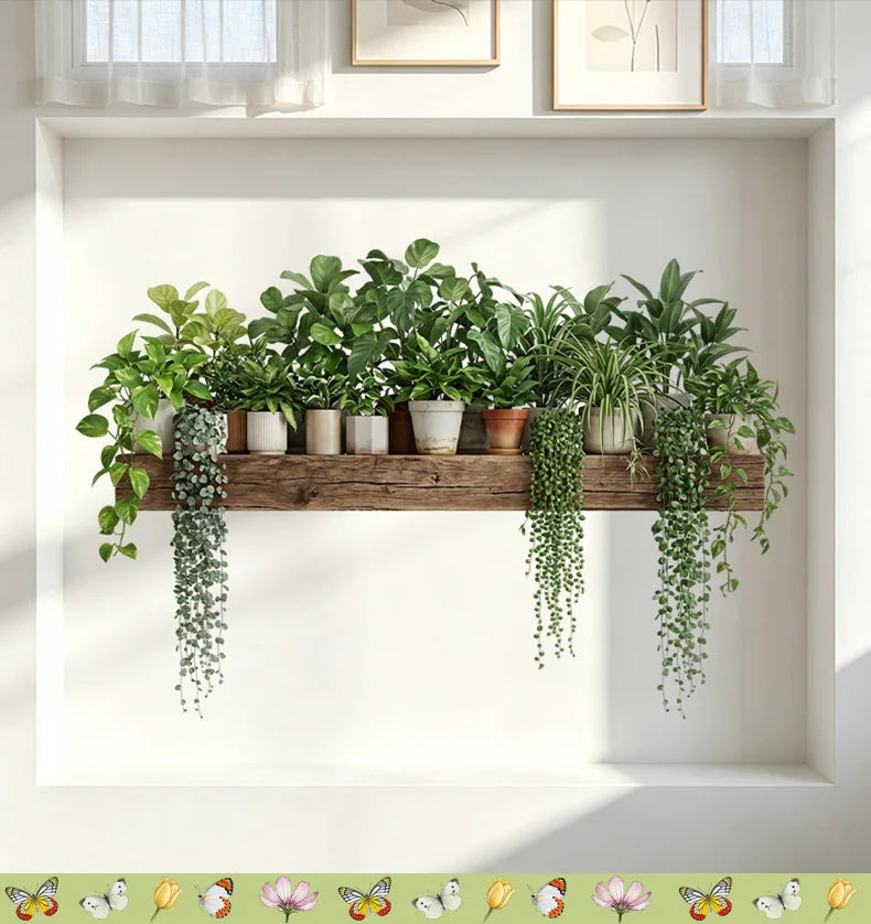 Green Plant Decor Courtyard Wall Decals Green Dill Leaves Hanging Basket Wall Stickers Bedroom Living Room Wall Beautification