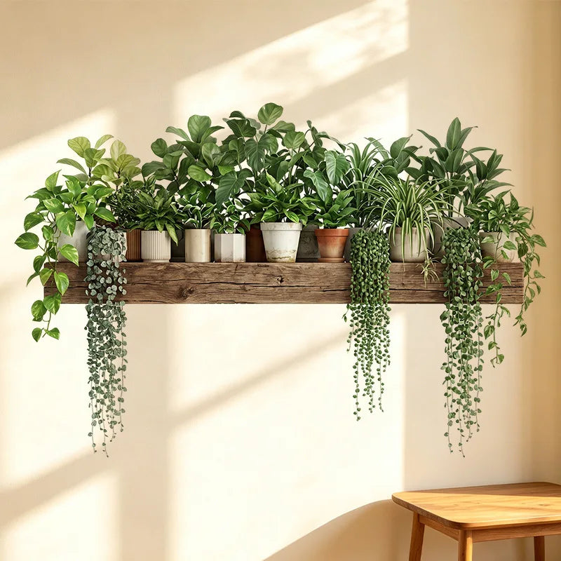 Green Plant Decor Courtyard Wall Decals Green Dill Leaves Hanging Basket Wall Stickers Bedroom Living Room Wall Beautification